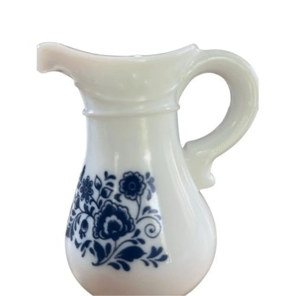 Avon Milk Glass Creamer Blue Floral Pitcher Small Vase Vintage 1970s